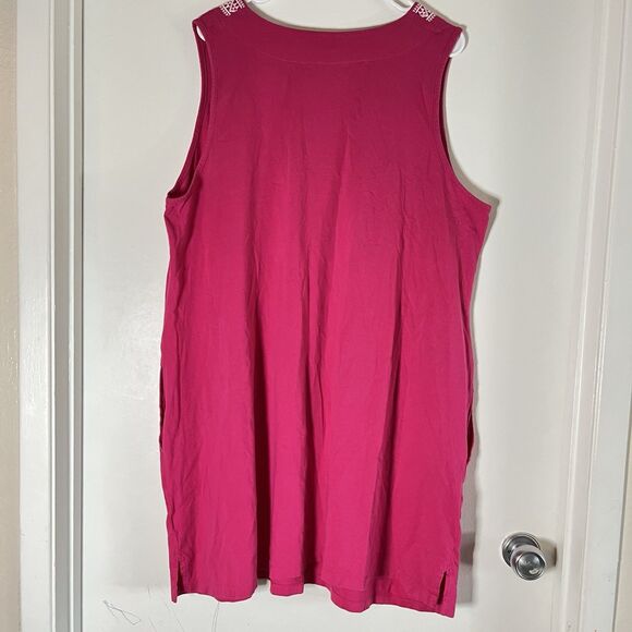Lands End Pink Sz 2X Knee Length Sleeveless Dress Spilt Neck Embroidered Pockets - Picture 2 of 8